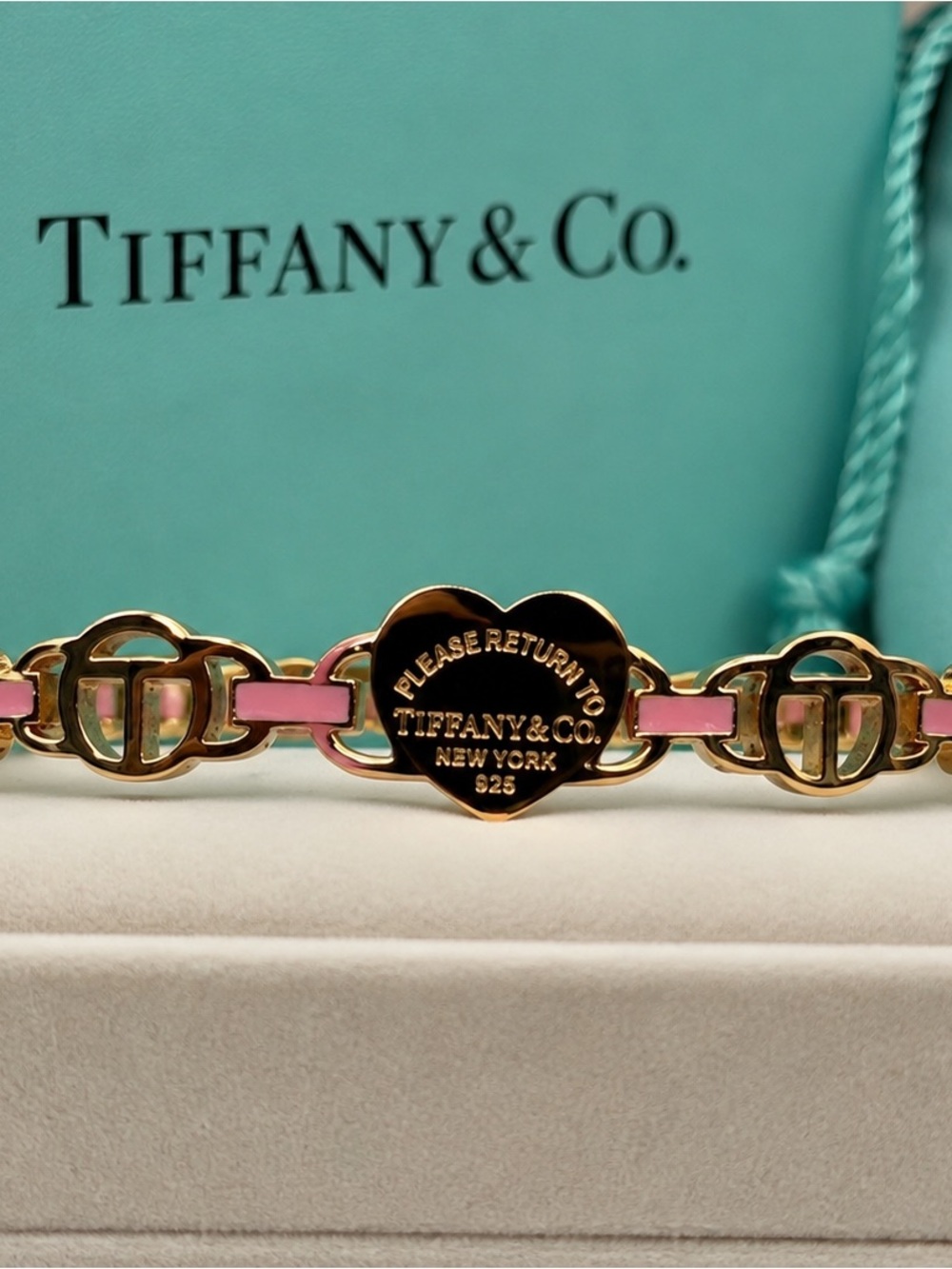Tiffany & Co. stamped Pink and Gold Heart Link Bangle Bracelet